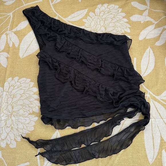 Crystal Sky Tops - Tiered Ruffled One Shoulder Crop Top Size L Black Textured Side Tie Feminine